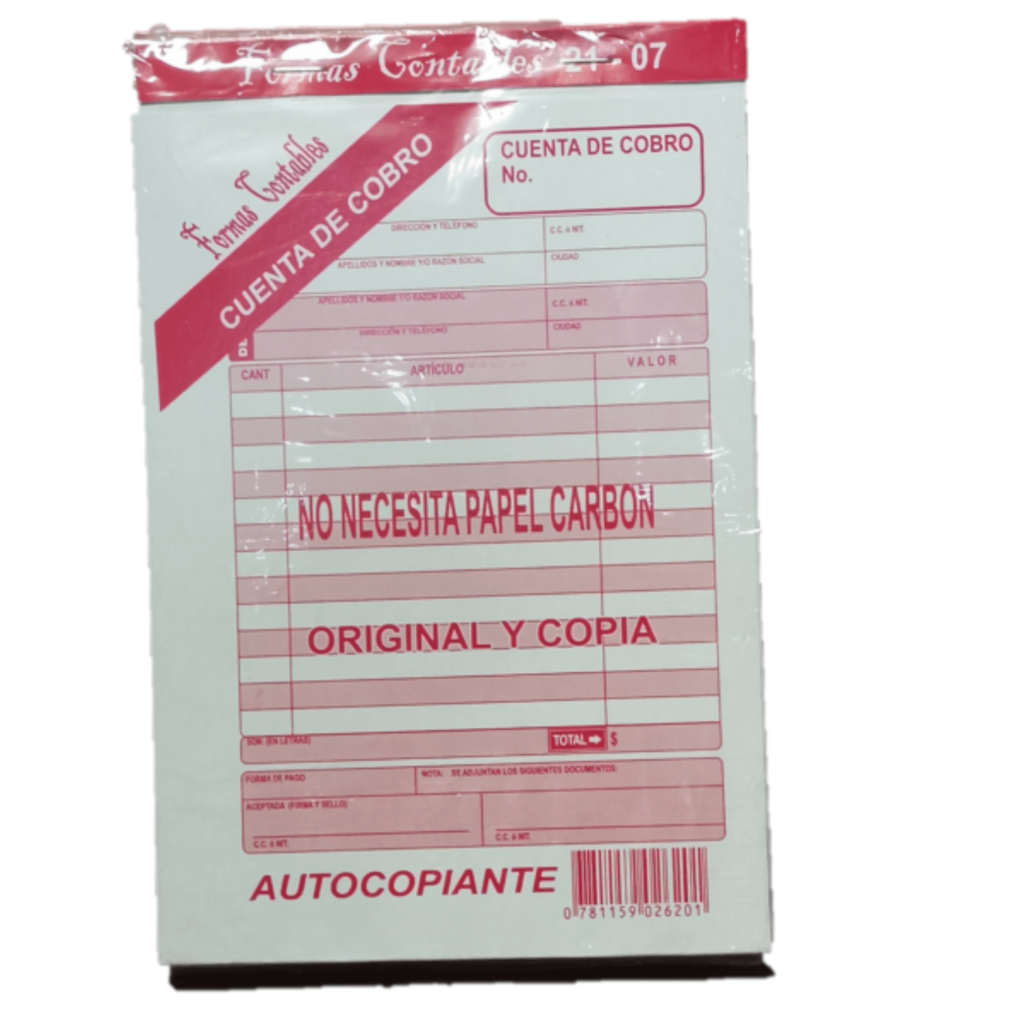 Cuenta De Cobro Autocopiante Rojo Original y Copia Media Carta Pasta panafargo