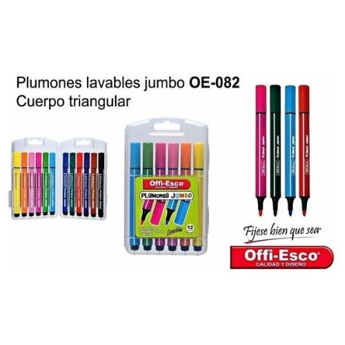 Plumones Jumbo Offiesco Triangulares Lavables X12 Cuatro Plumones Imagen Completa